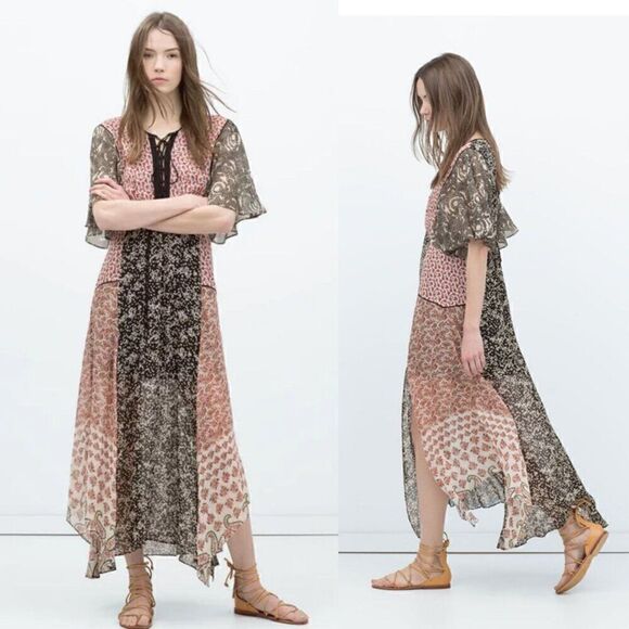 Zara Mixed Print Maxi Dress Floral Flounce Romantic Feminine Asymmetrical Flowy - Picture 1 of 10